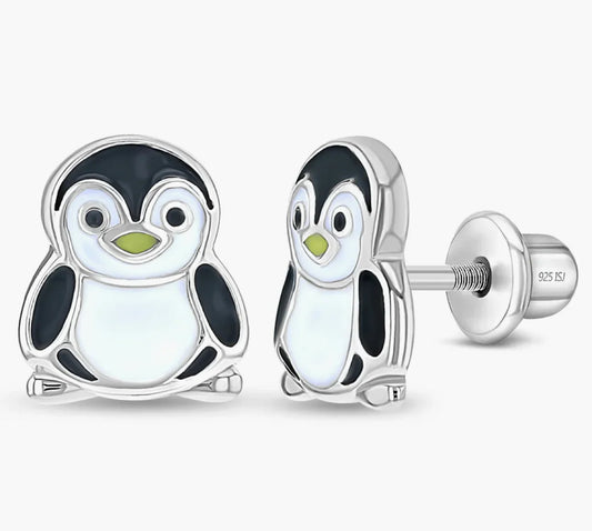 Silver Stud Kids Earrings Screw in lock Penguin