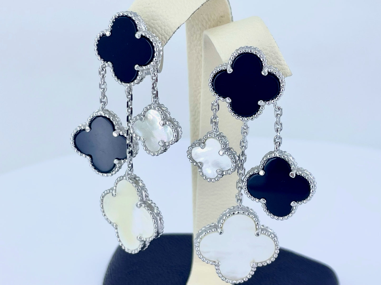 Onyx/Onyx & Pearl Triple Strand Clover Dangle Earrings