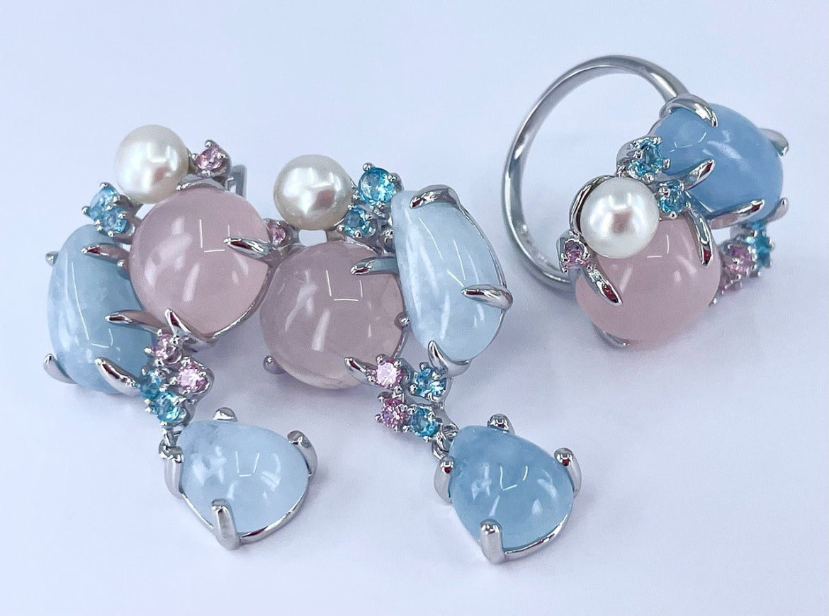 Baby Pink and Blue Jewelry Set with Pearls